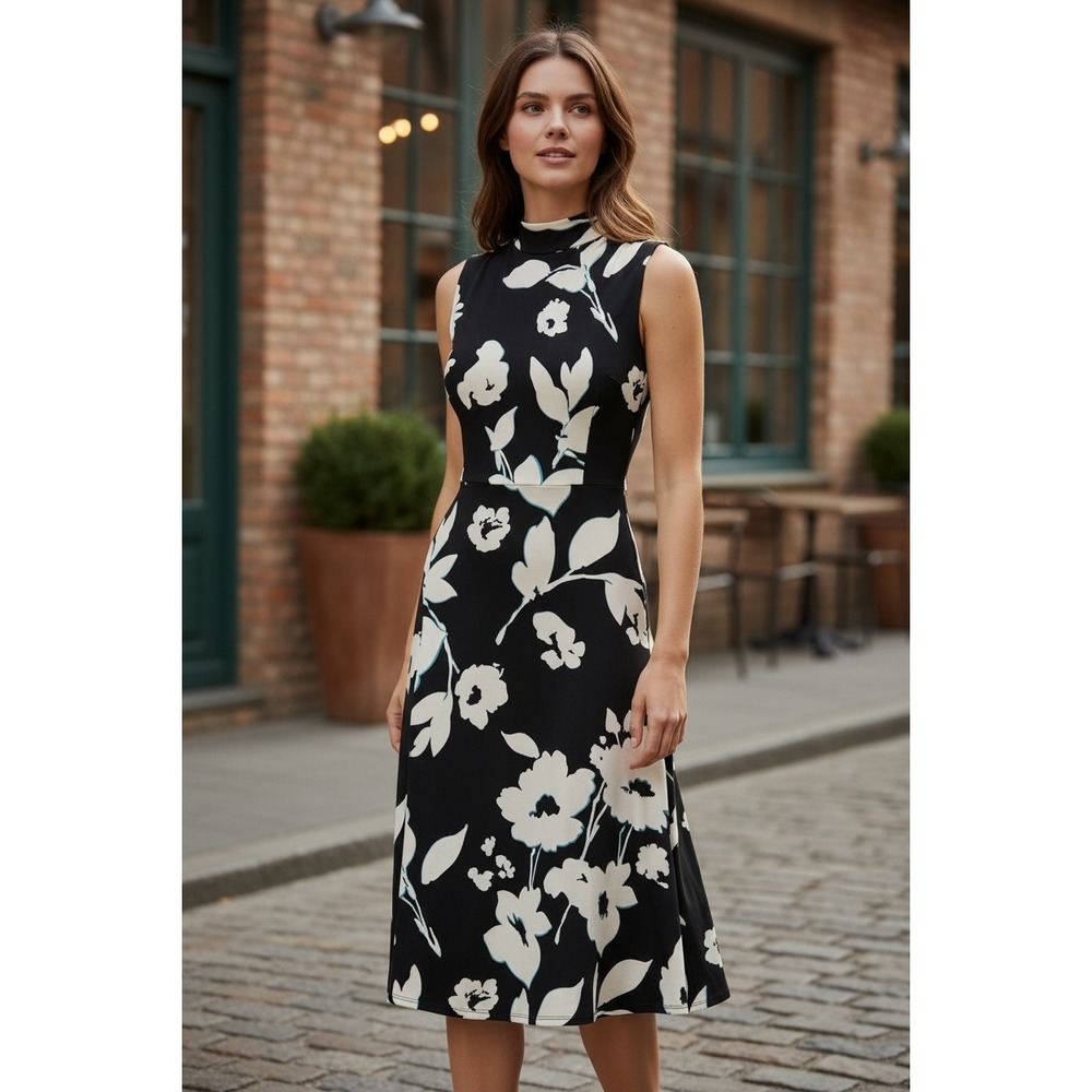 Maggy‎ London Womens Floral Mock Neck Sleeveless Midi Dress Black White Size 10